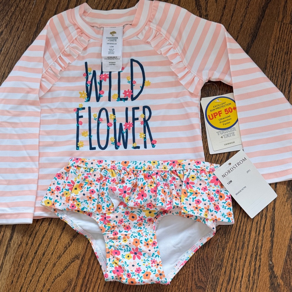 Tucker and Tate Wildflower Kids Swim Set, Pink and White spf 50, 12 months